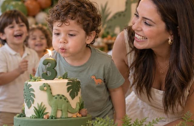 Menino assoprando a velinha do bolo de dinossauro